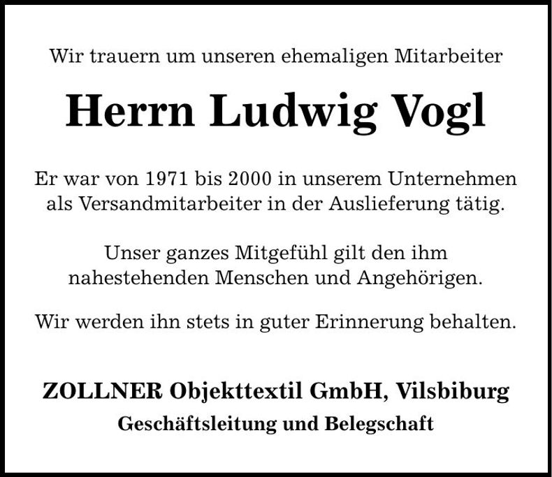 Traueranzeige Ludwig Vogl