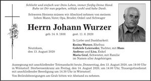 Traueranzeige Johann Wurzer