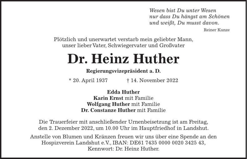 Traueranzeige Heinz Dr Huther