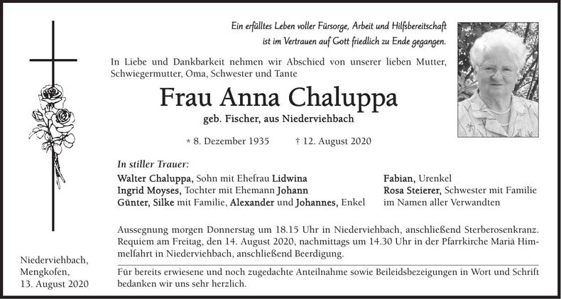 Traueranzeige Anna Chaluppa