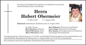 Traueranzeige Hubert Obermeier