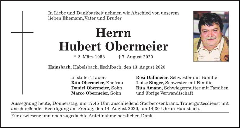 Traueranzeige Hubert Obermeier