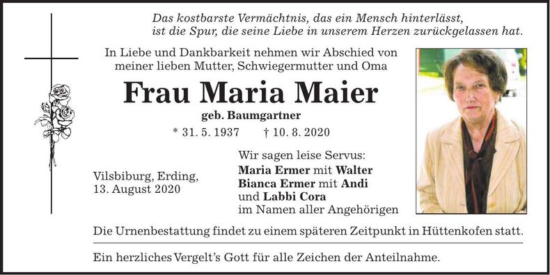 Traueranzeige Maria Maier